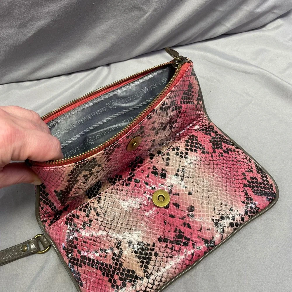 Simply Vera Vera Wang Pink Snakeskin Foldover Wristlet Clutch Bag Brass Hardware